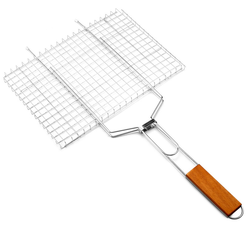 BQ-1163A Wooden Handle Meat Bbq Grill Mesh Metal Mesh For Outdoor Camping Barbecue