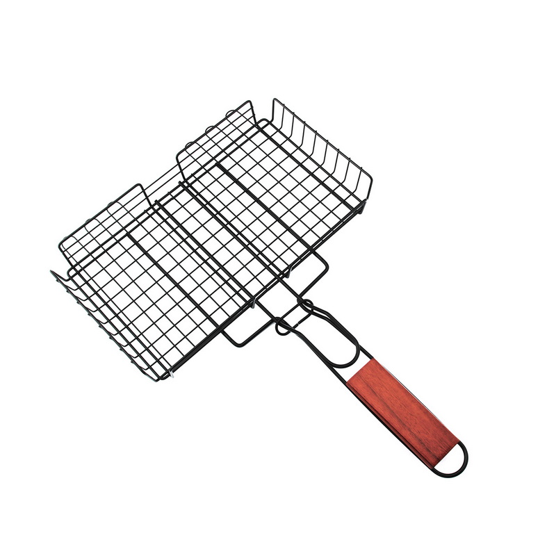 BQ-1193 Customize Bbq Grill Wire Mesh Non-Stick Barbescue Bbq Meat Grill Net With Wood Handle