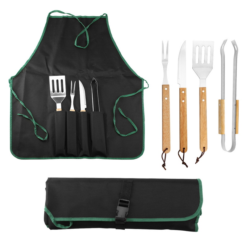 BS-3123B Stainless Steel Bbq Accessories Kit Wood Handle Grill Tool Set Apron Bag
