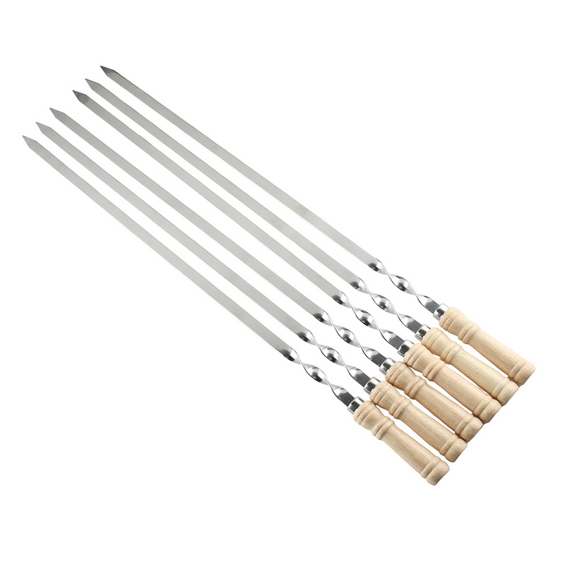 6Pcs Stainless Steel BBQ Skewers with Wooden Handle Flat Twisted Barbecue Kebab Skewers