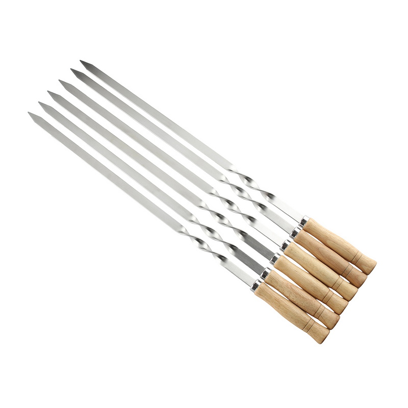 Long Flat Stainless Steel Barbecue Skewers with Oak Handle Reusable Metal Shish Kebab Sticks