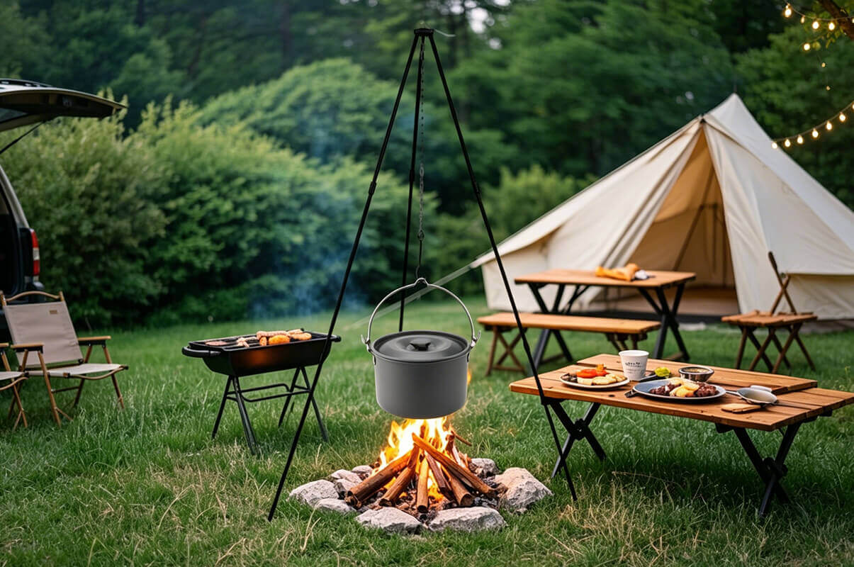 Under the tripod, the campfire serves as the feast - this camping frame creates a sense of ceremony with the campfire in the wild.