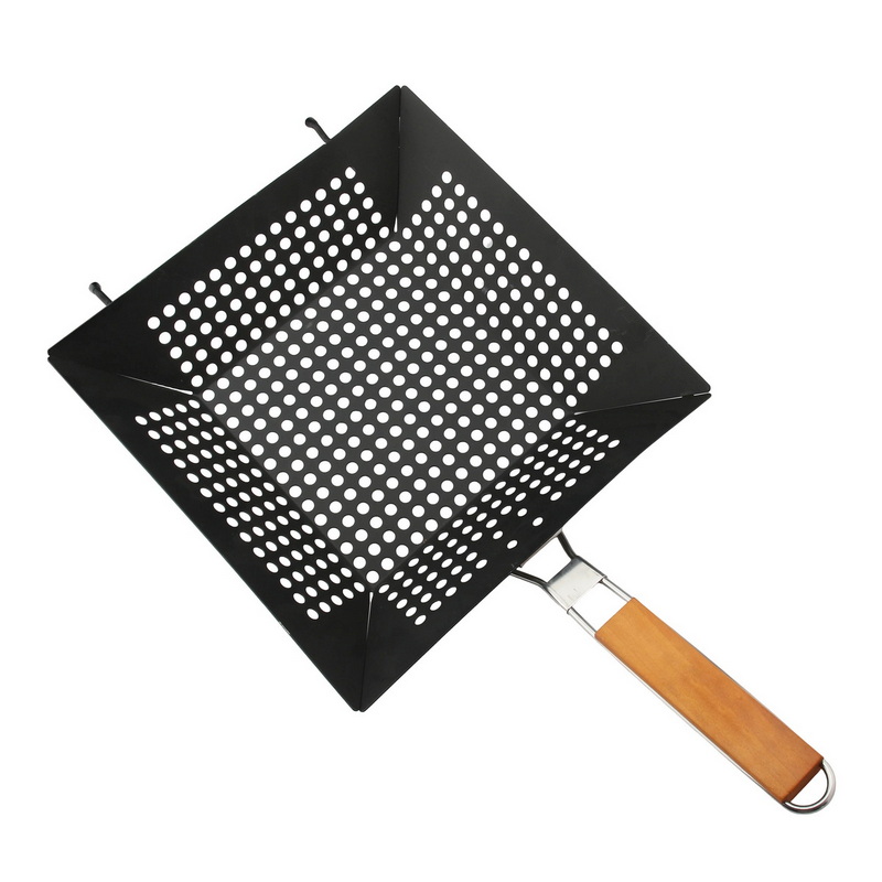 BT-5146 Non-Stick BBQ Grill Basket Square Perforated Grilling Pan with Wooden Handle