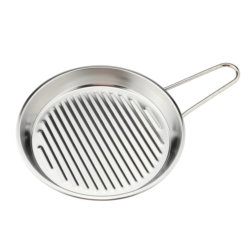 CT-8083 Stainless Steel Round Grill Pan with Handle Portable BBQ Griddle Tray for Outdoor Cooking