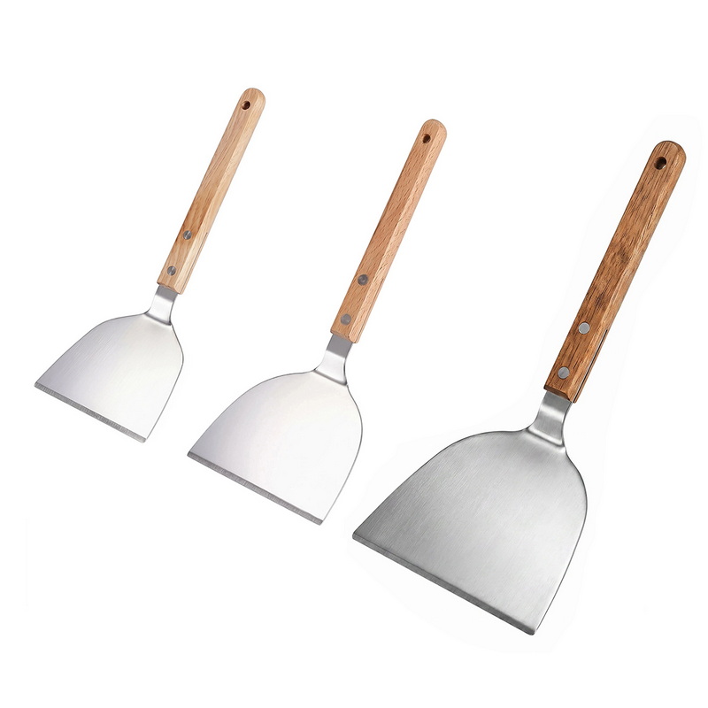 PS-2031 3 Sizes Wooden Handle Stainless Steel Griddle Spatula Set Commercial Pizza BBQ Grilling Tool Set