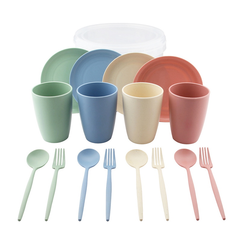 CT-8203 Wheat Straw Plastic Dinnerware Kit with Container Customizable Wholesale