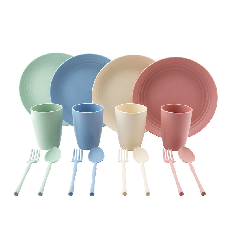 CT-8204 Wheat Straw Dinnerware Set 4-Color Reusable Cups Plates Forks Spoons