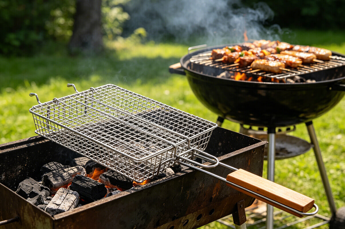 Wooden Handle BBQ Grilling Basket – Simplify Your Veggie & Meat Grilling Experience