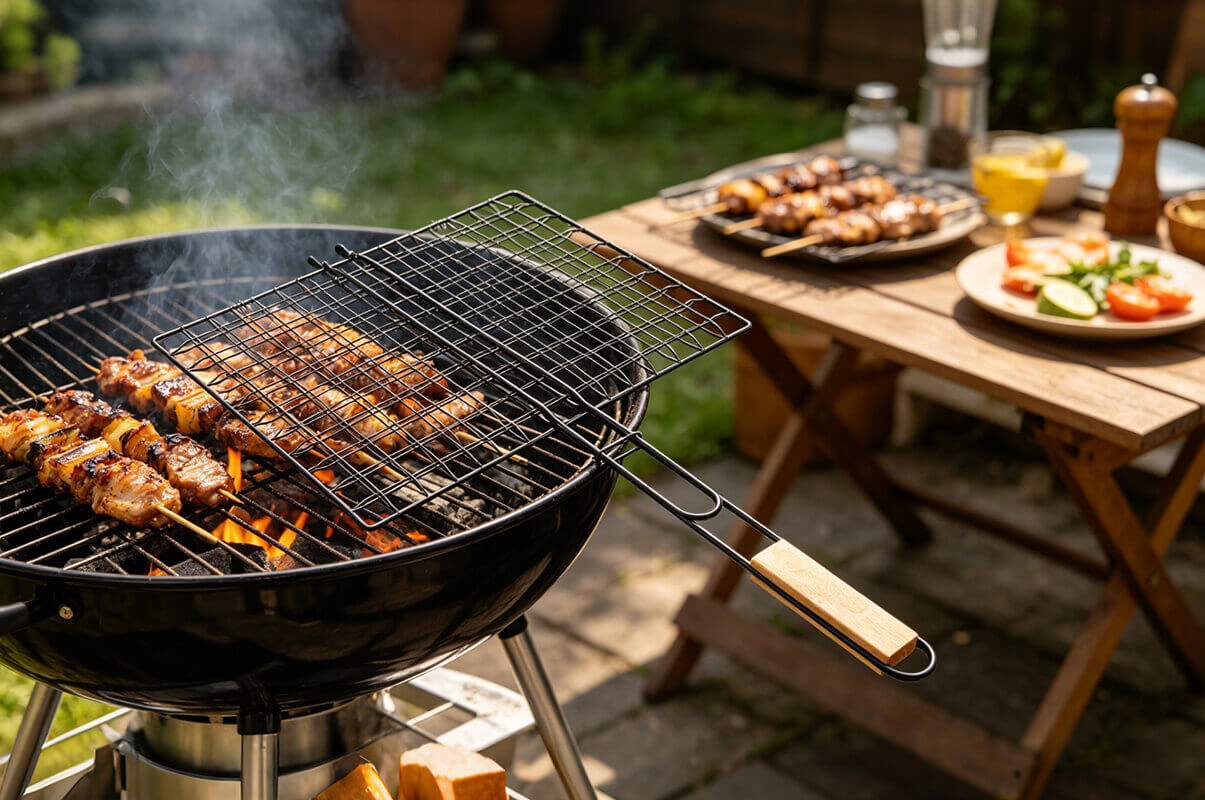 Non-Stick Iron BBQ Grilling Basket with Wooden Handle – Your Go-To Tool for Backyard & Outdoor Grilling