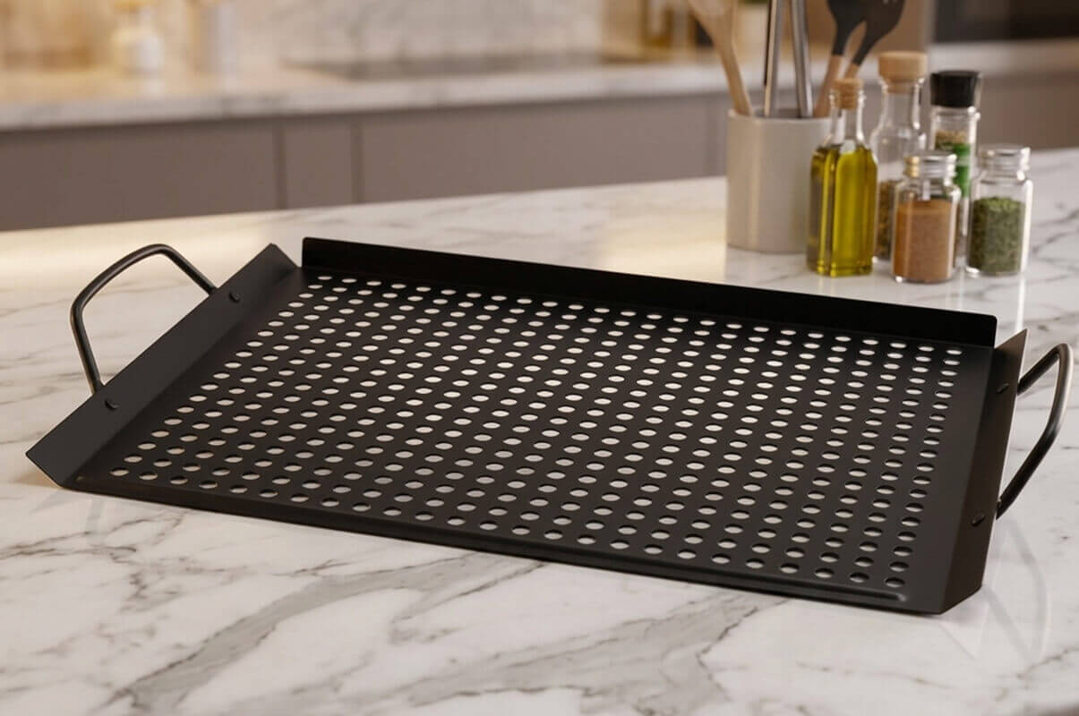 Non-Stick Perforated Iron Grill Tray – Versatile Cooking Pan for Home Kitchen, Backyard BBQ & Camping